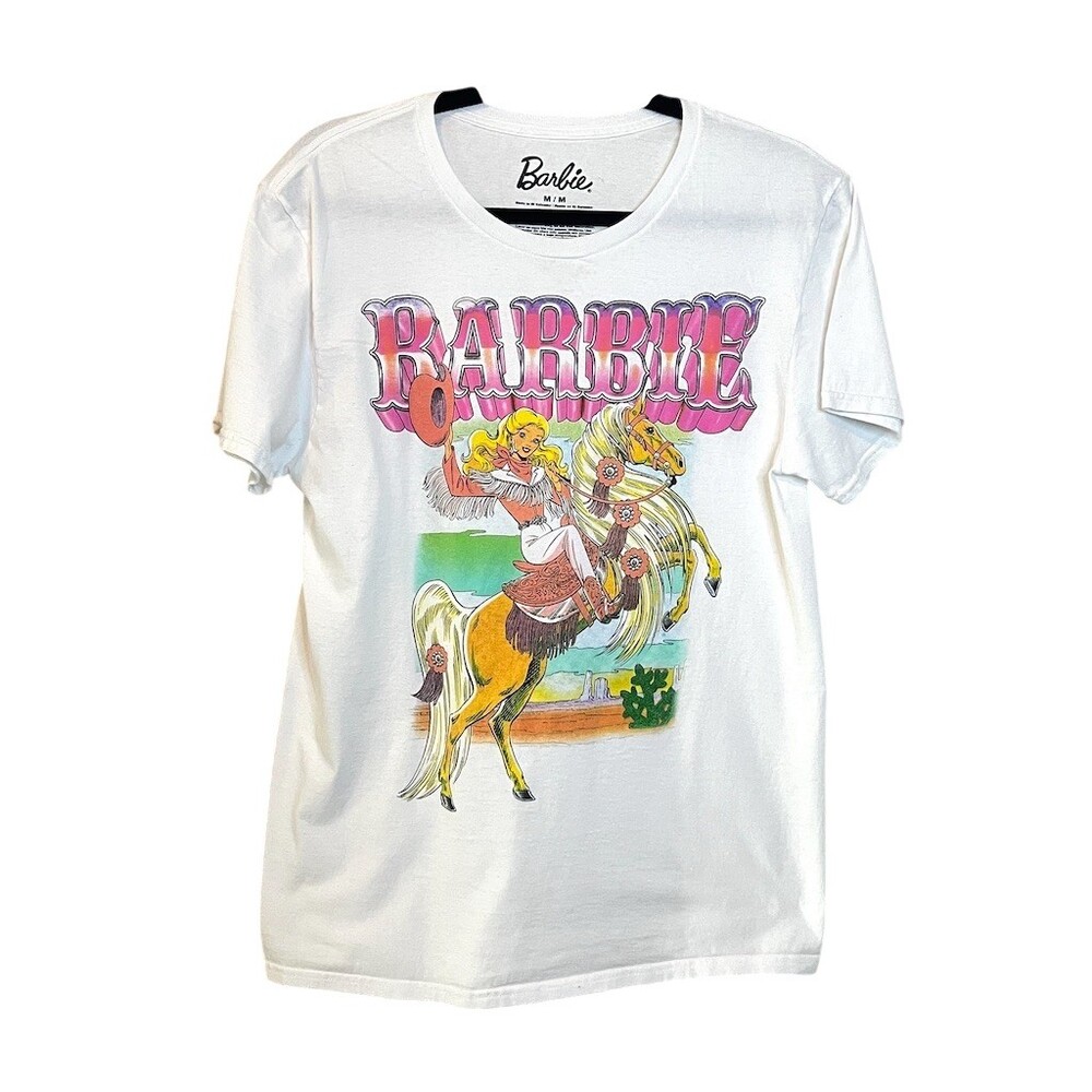 Barbie T-Shirt Womens Size M White Western Cowgirl Graphic Short Sleeve